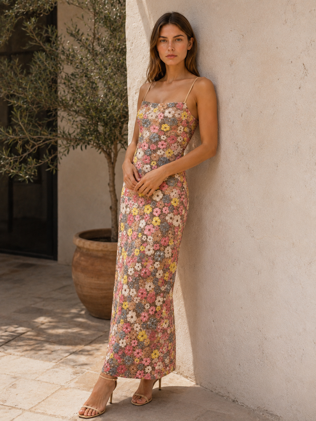 Rheva | Floral Maxi Dress with Sequin Detail Strappy Dress
