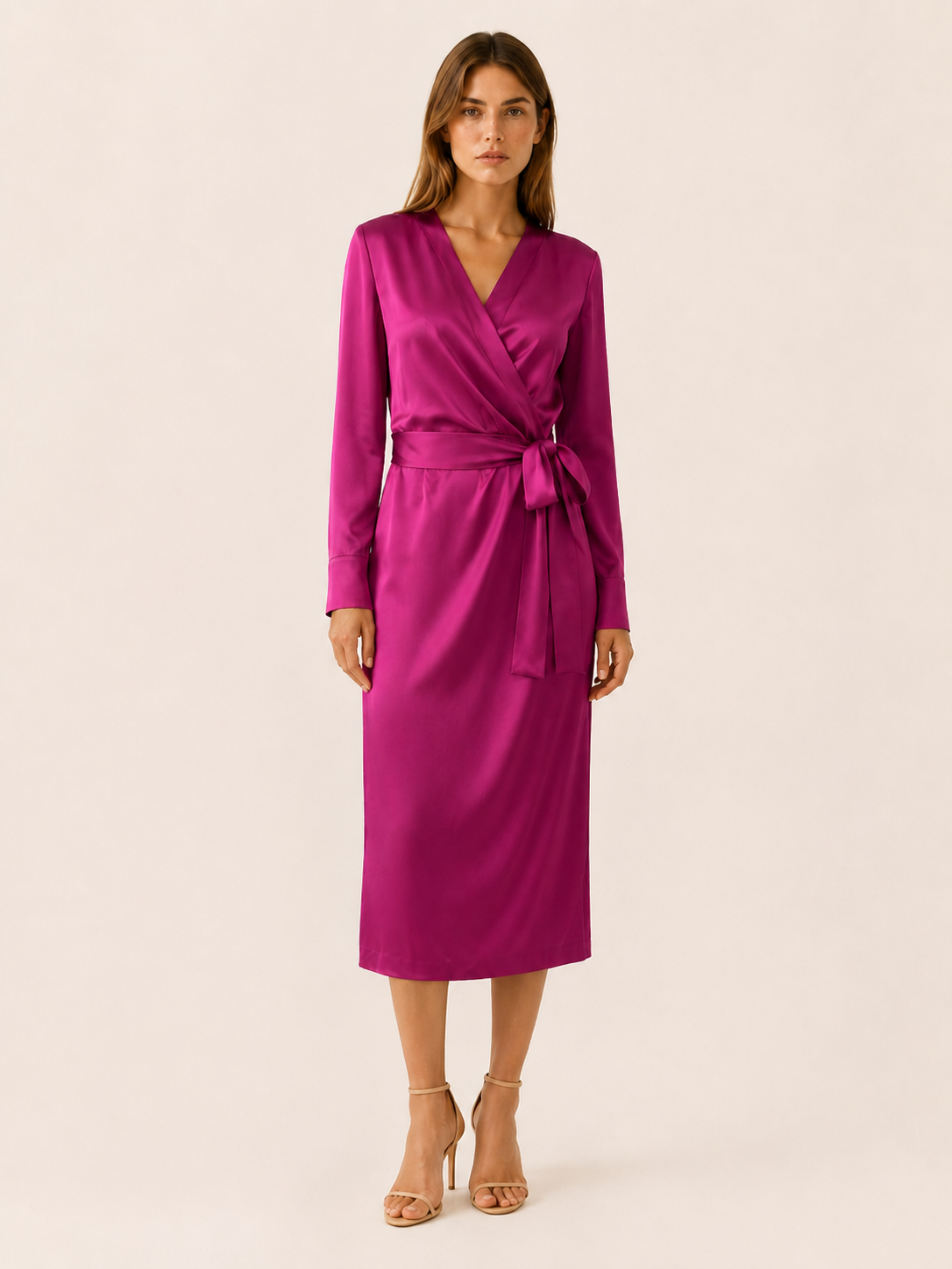 Rianna | Satin Wrap Midi Dress with Tie Waist