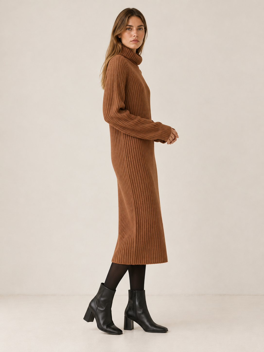 Rina | Women's Turtleneck Ribbed Knit Sweater Dress Fall
