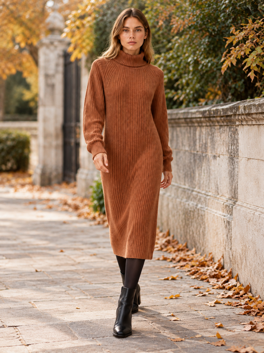 Rina | Women's Turtleneck Ribbed Knit Sweater Dress Fall