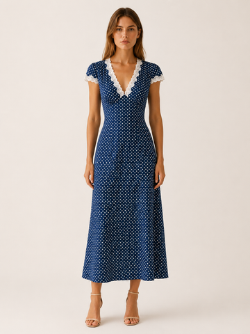 Riona | Polka Dot Maxi Dress with Lace Trim