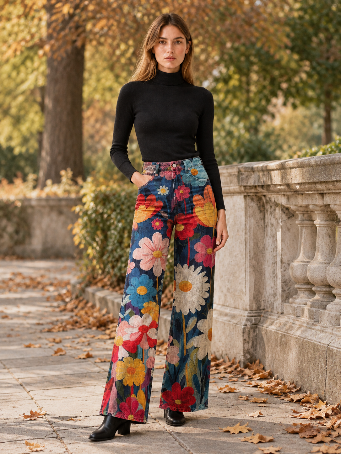 Romilda | Women's Floral Wide Leg Jeans Fall