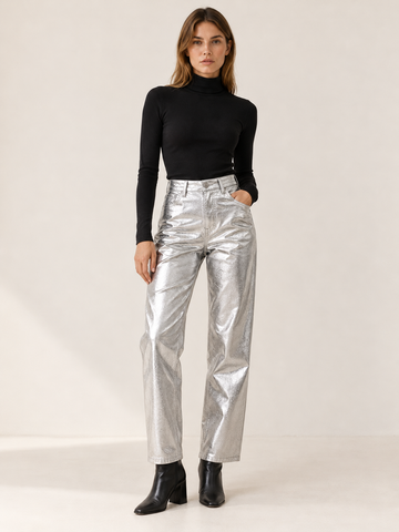 Rosalena | Women's High Waisted Metallic Straight Leg Pants Fall Party