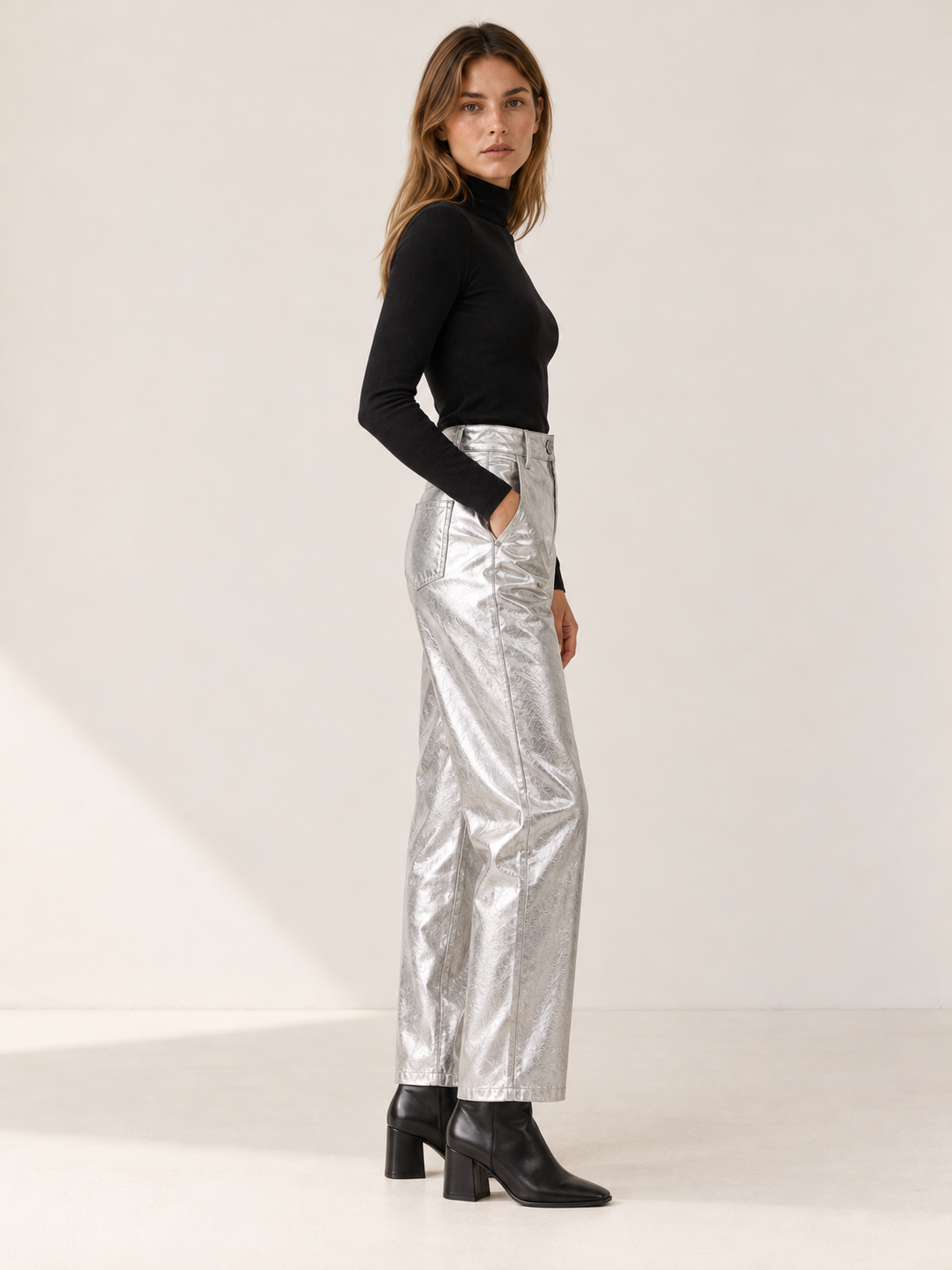 Rosalena | Women's High Waisted Metallic Straight Leg Pants Fall Party