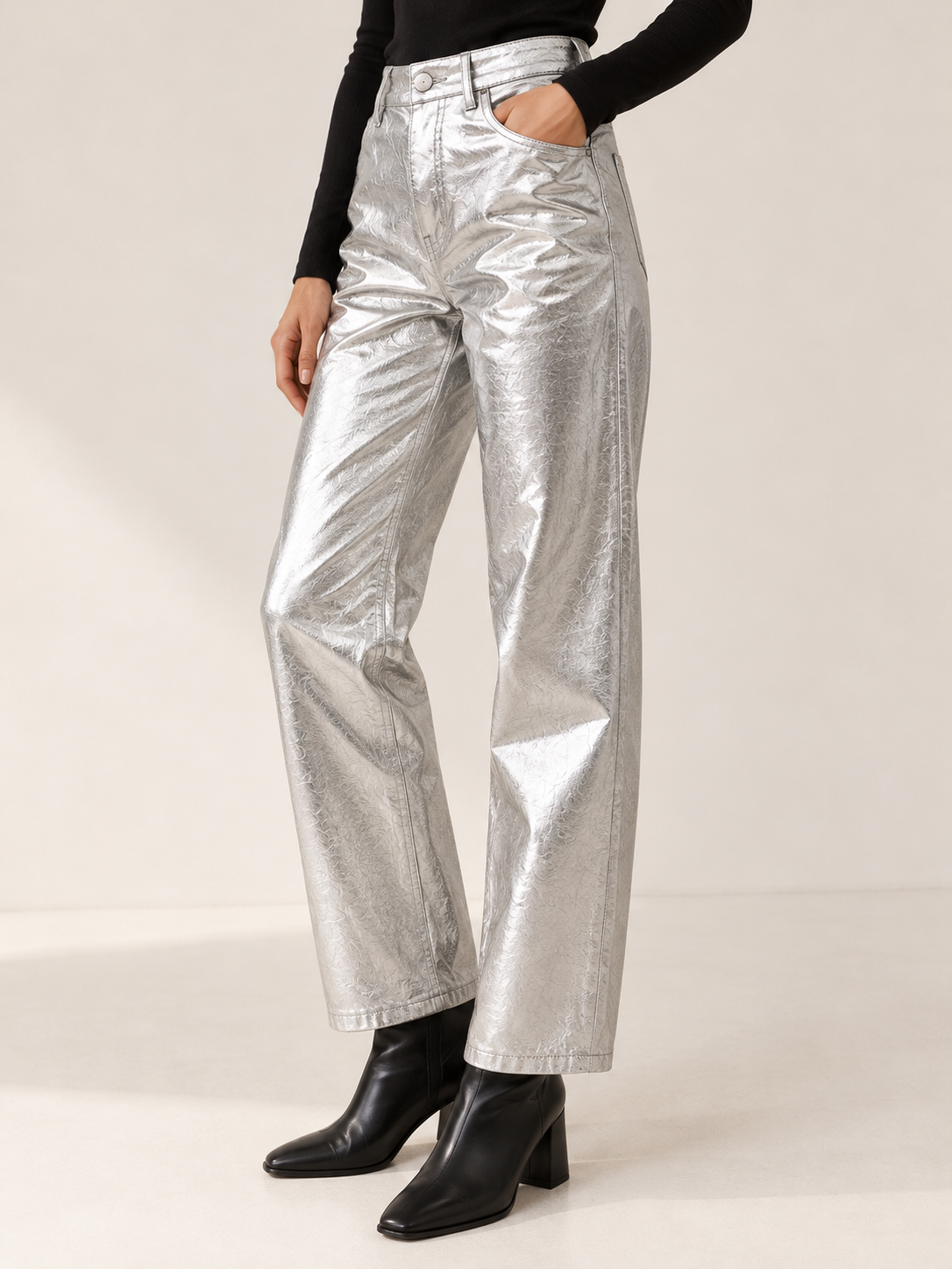 Rosalena | Women's High Waisted Metallic Straight Leg Pants Fall Party