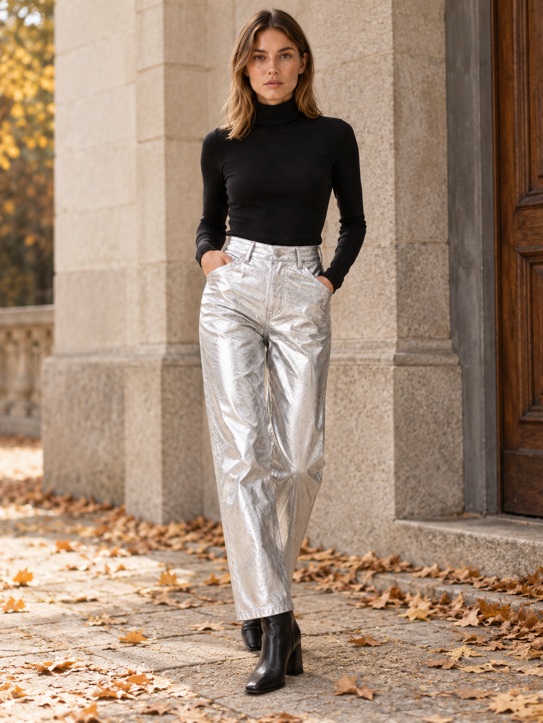 Rosalena | Women's High Waisted Metallic Straight Leg Pants Fall Party
