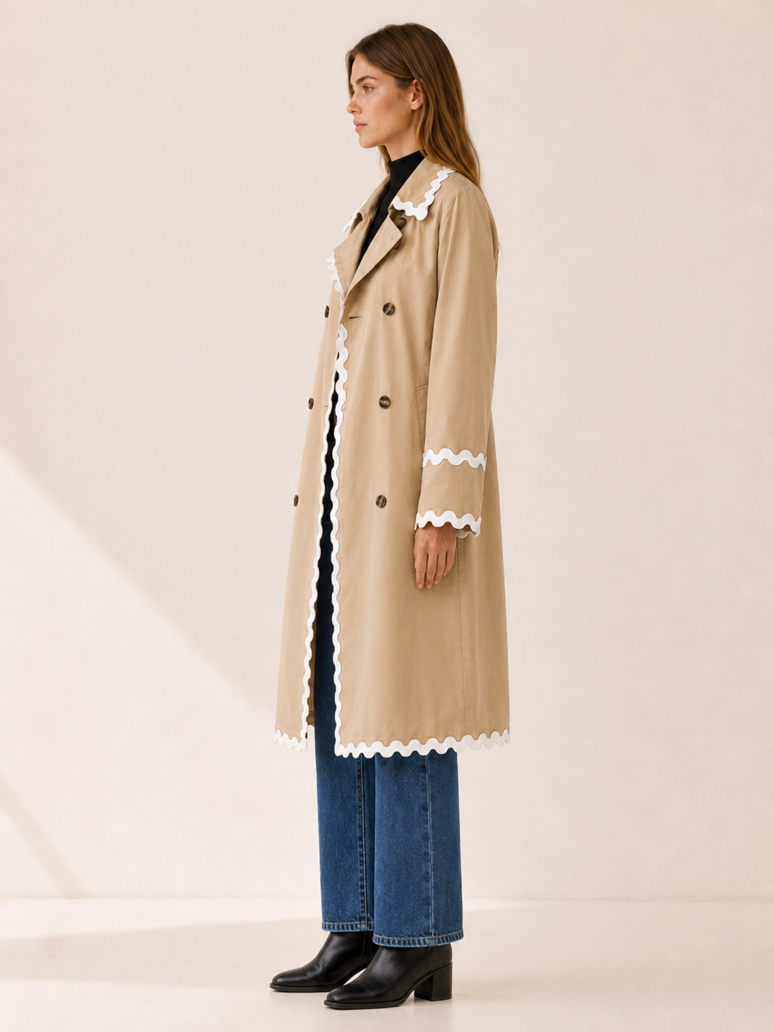 Rosalie | Trench Coat with Scalloped Trim and Double-Breasted Front