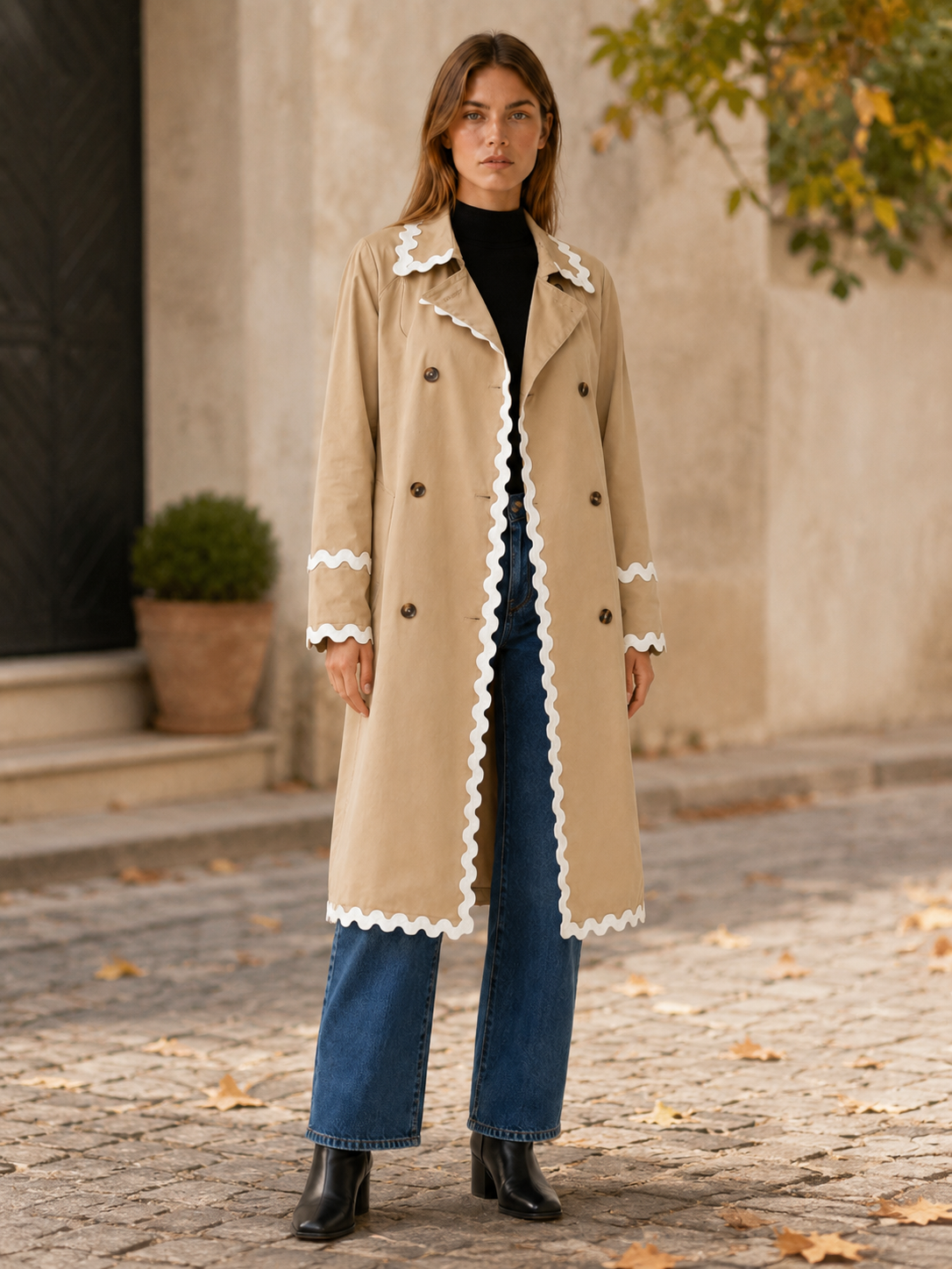 Rosalie | Trench Coat with Scalloped Trim and Double-Breasted Front