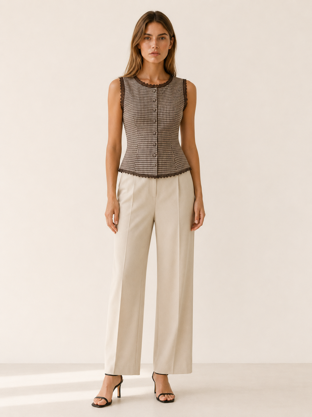Roxane | Plaid Vest with Lace Trim