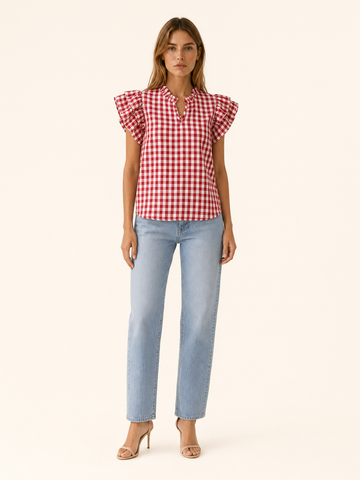 Ruelle | Gingham Blouse with Puff Sleeves