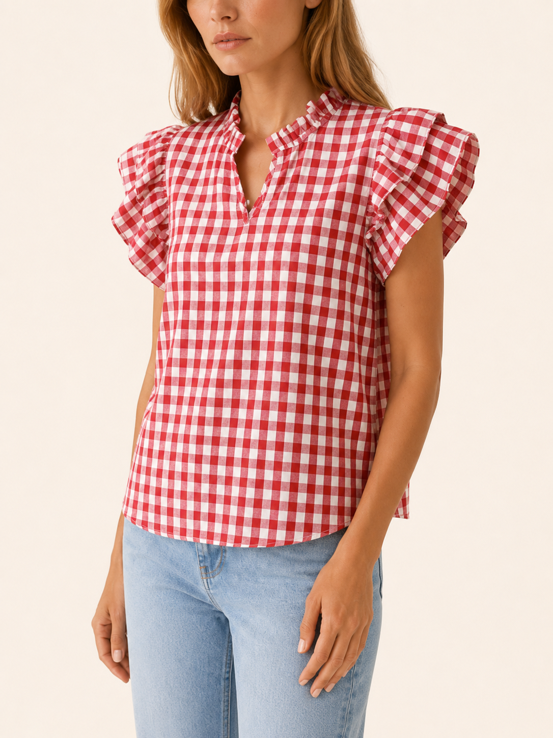 Ruelle | Gingham Blouse with Puff Sleeves