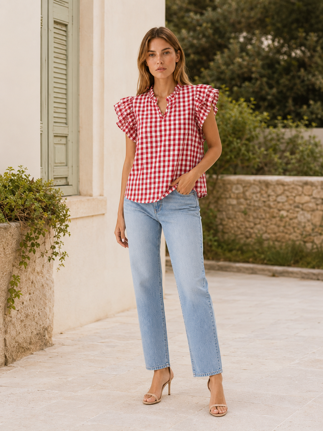 Ruelle | Gingham Blouse with Puff Sleeves