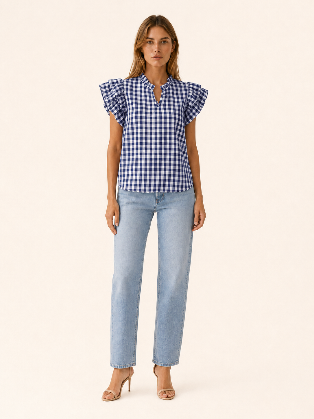 Ruelle | Gingham Blouse with Puff Sleeves