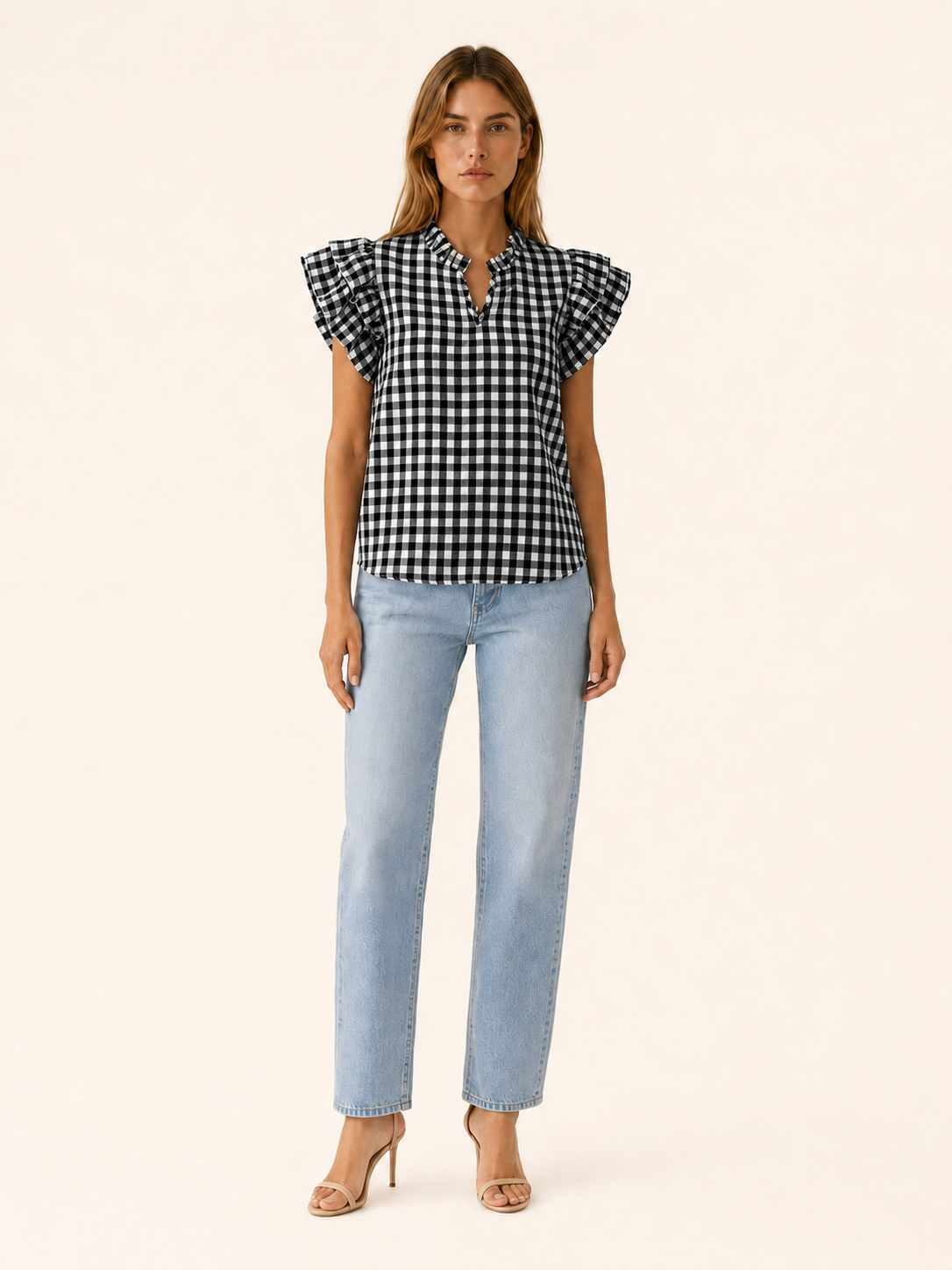Ruelle | Gingham Blouse with Puff Sleeves
