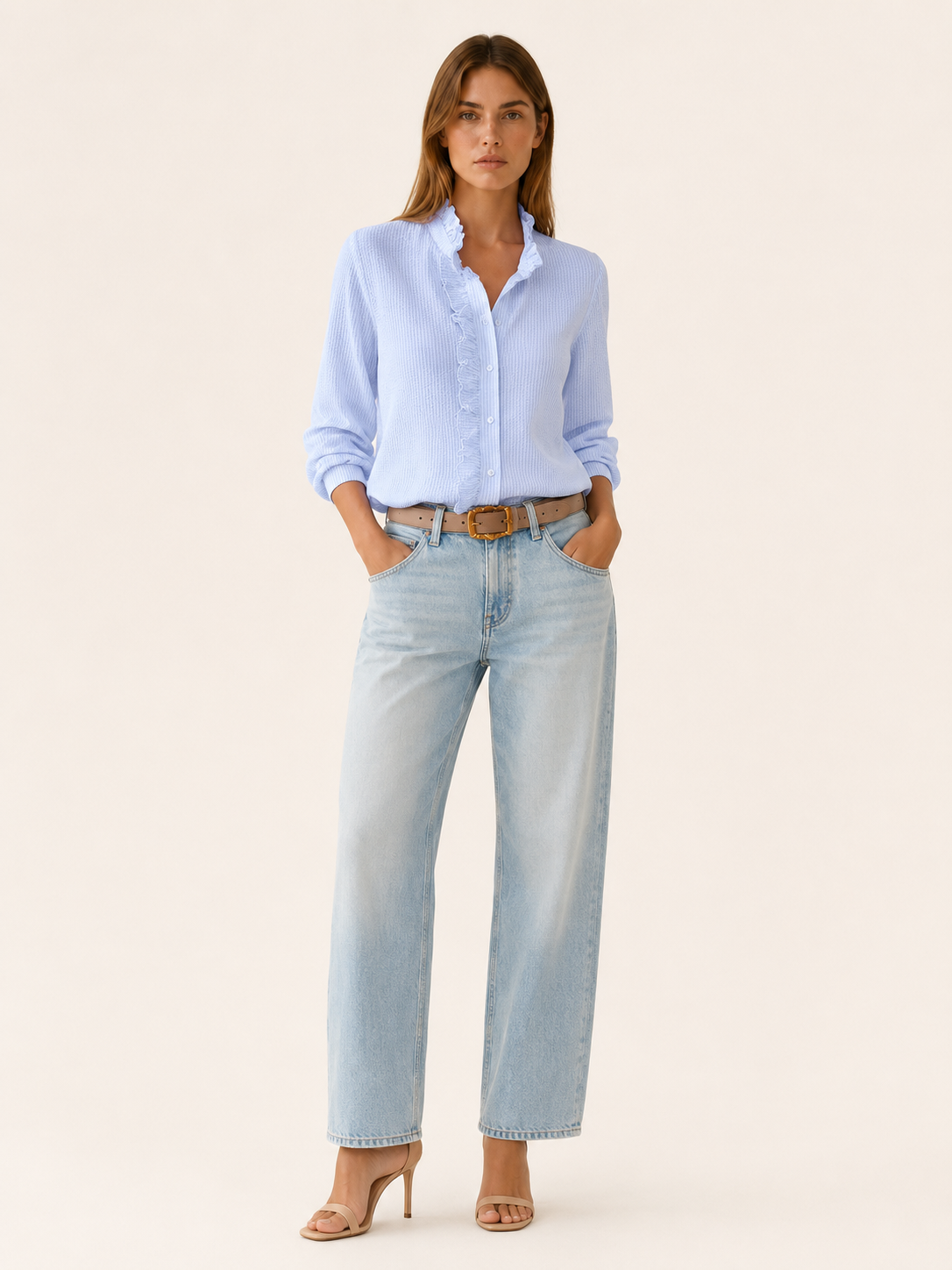 Sanne | Ruffle Shirt with Long Sleeves Textured Blouse
