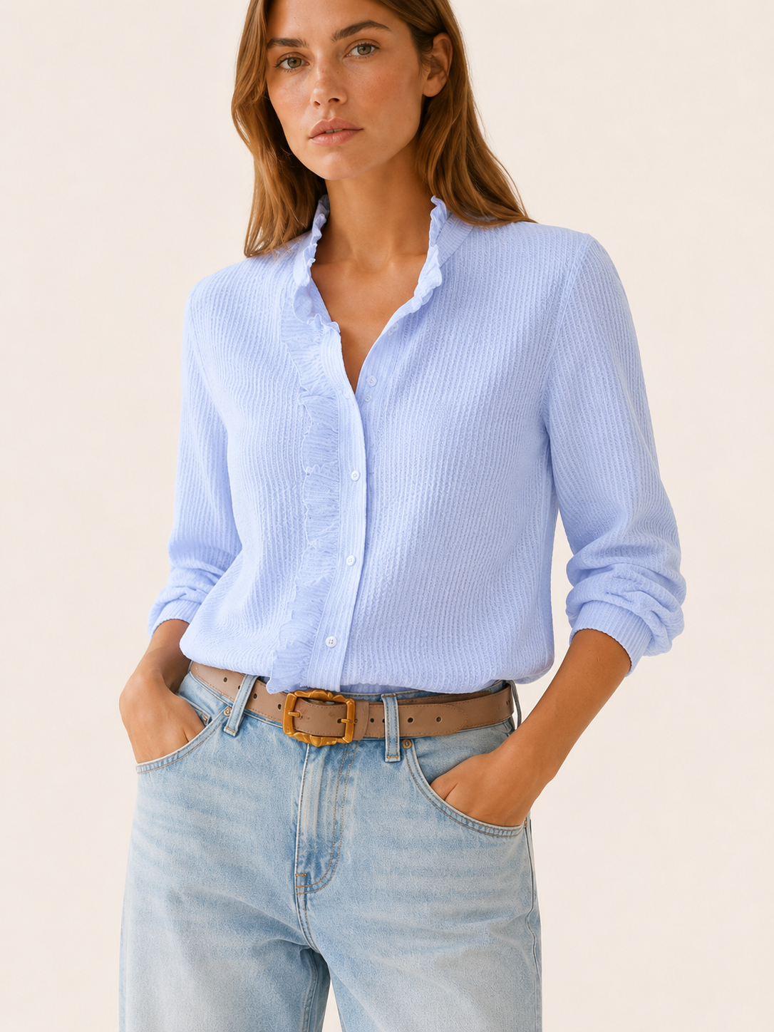 Sanne | Ruffle Shirt with Long Sleeves Textured Blouse