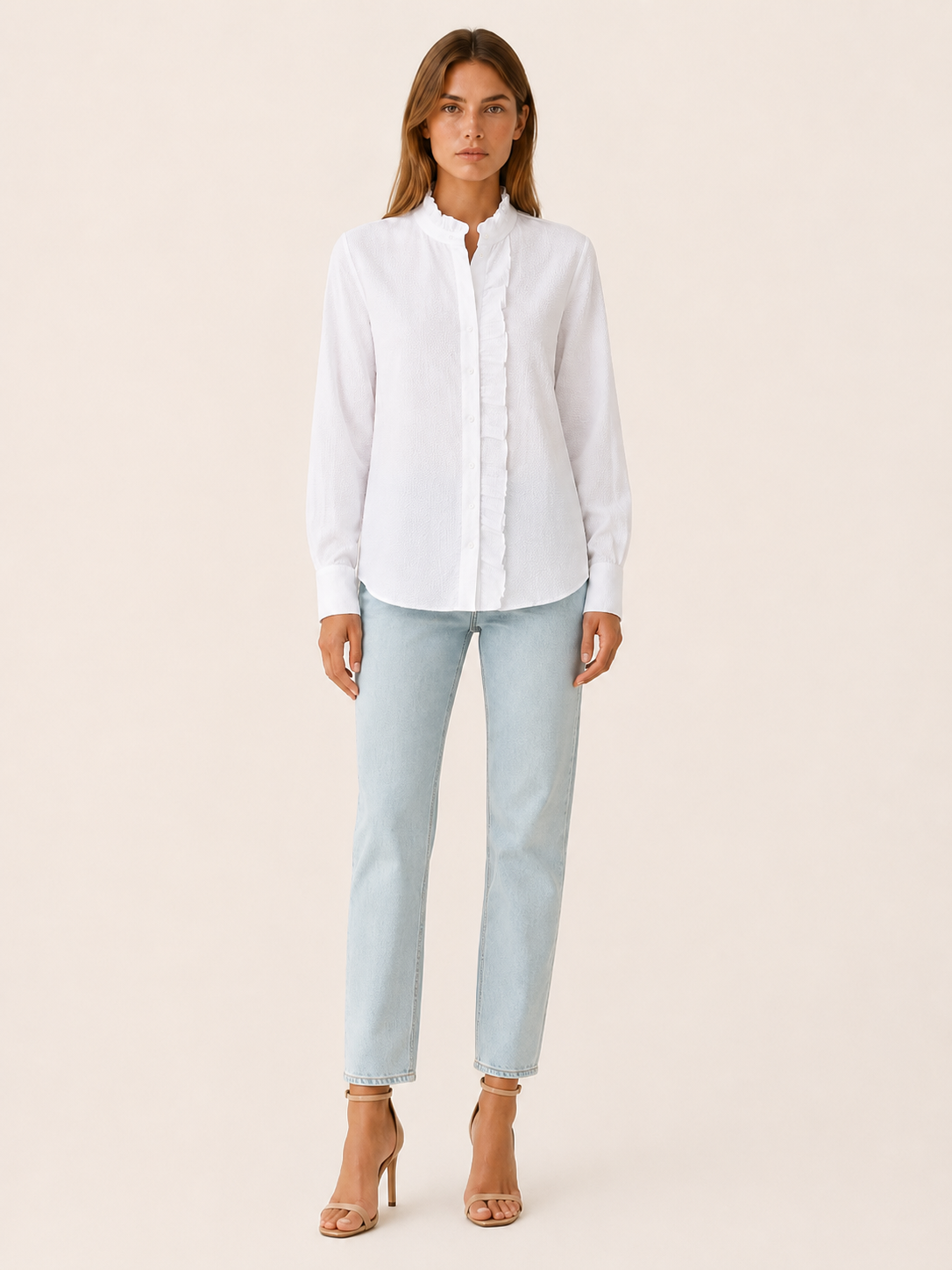 Sanne | Ruffle Shirt with Long Sleeves Textured Blouse