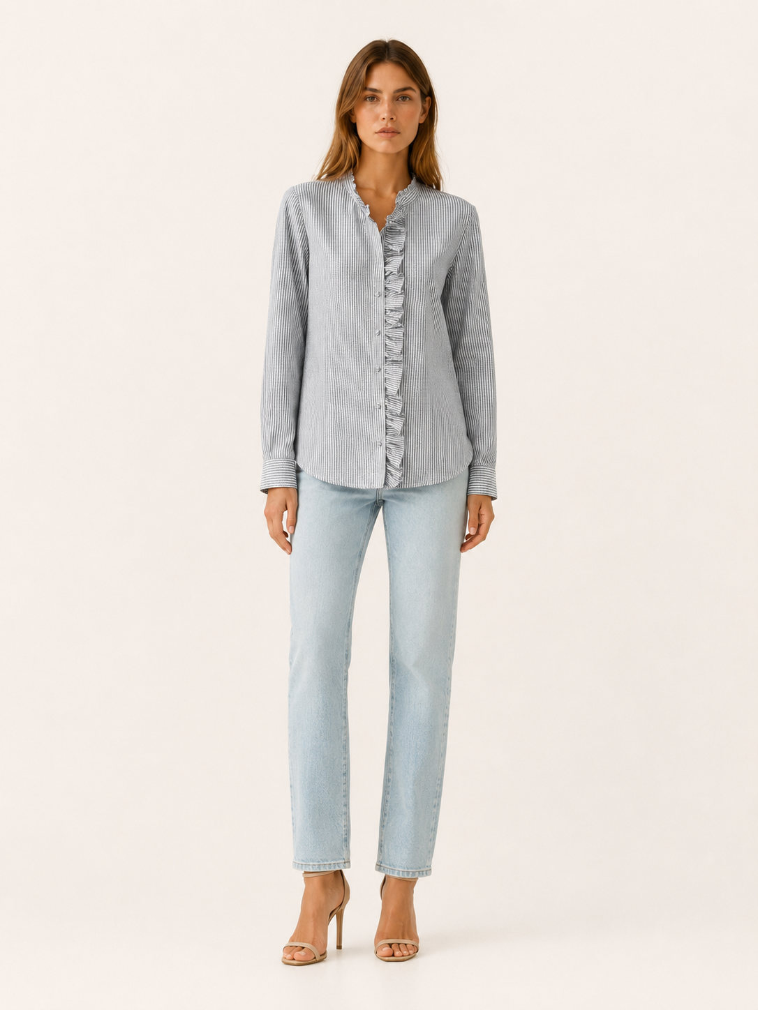 Sanne | Ruffle Shirt with Long Sleeves Textured Blouse