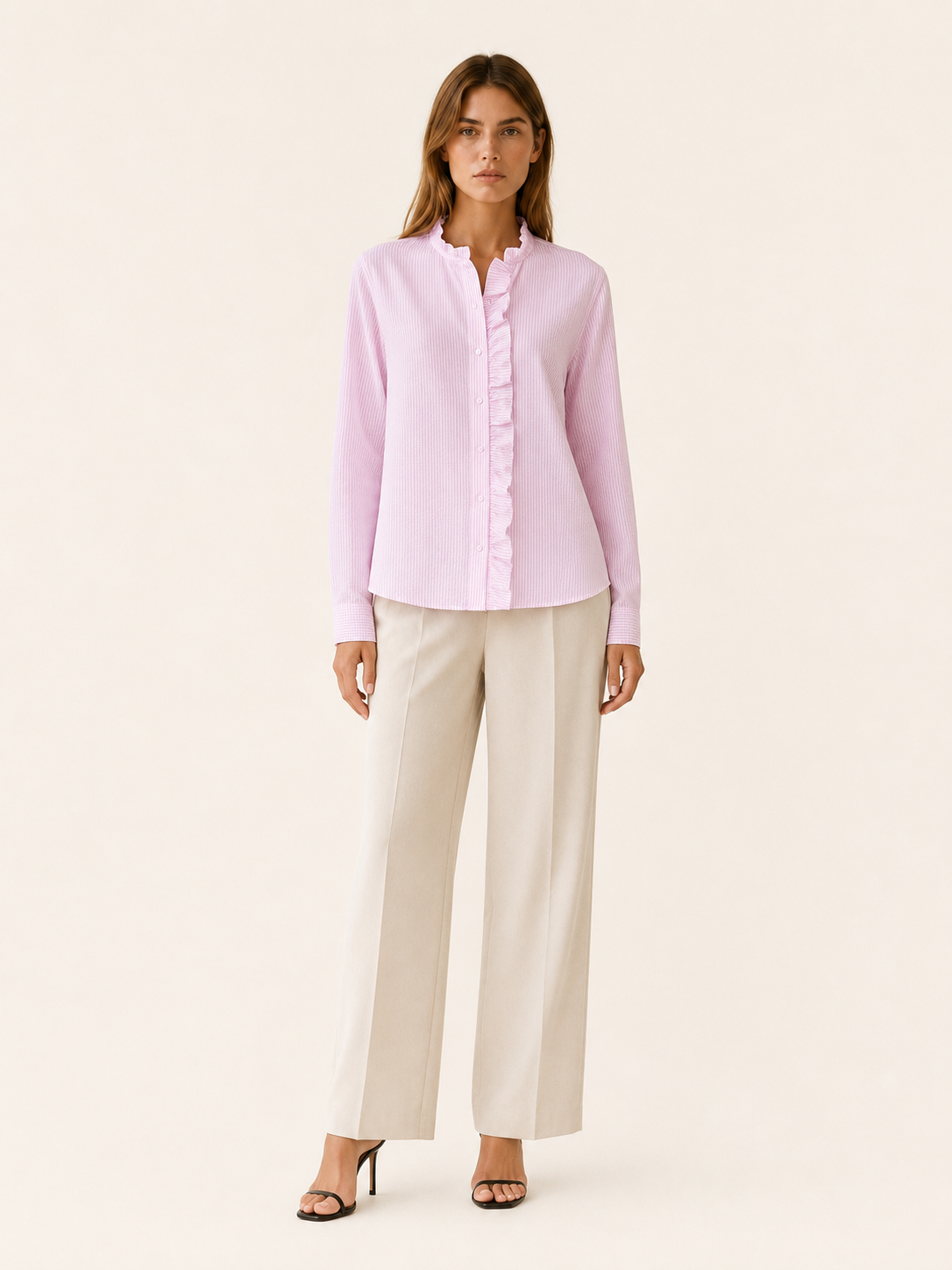 Sanne | Ruffle Shirt with Long Sleeves Textured Blouse