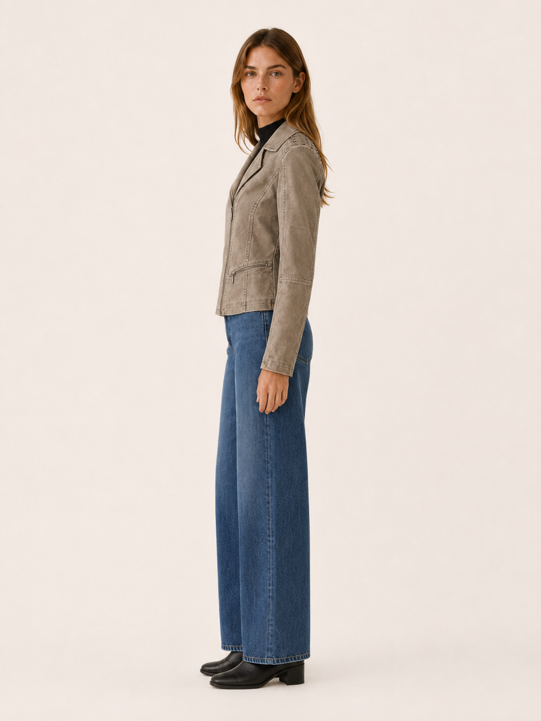 Selene | Biker Jacket with Studded Shoulders and Asymmetric Zip