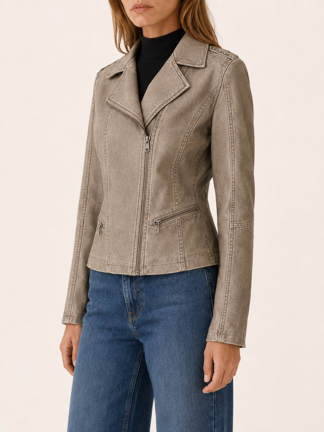 Selene | Biker Jacket with Studded Shoulders and Asymmetric Zip
