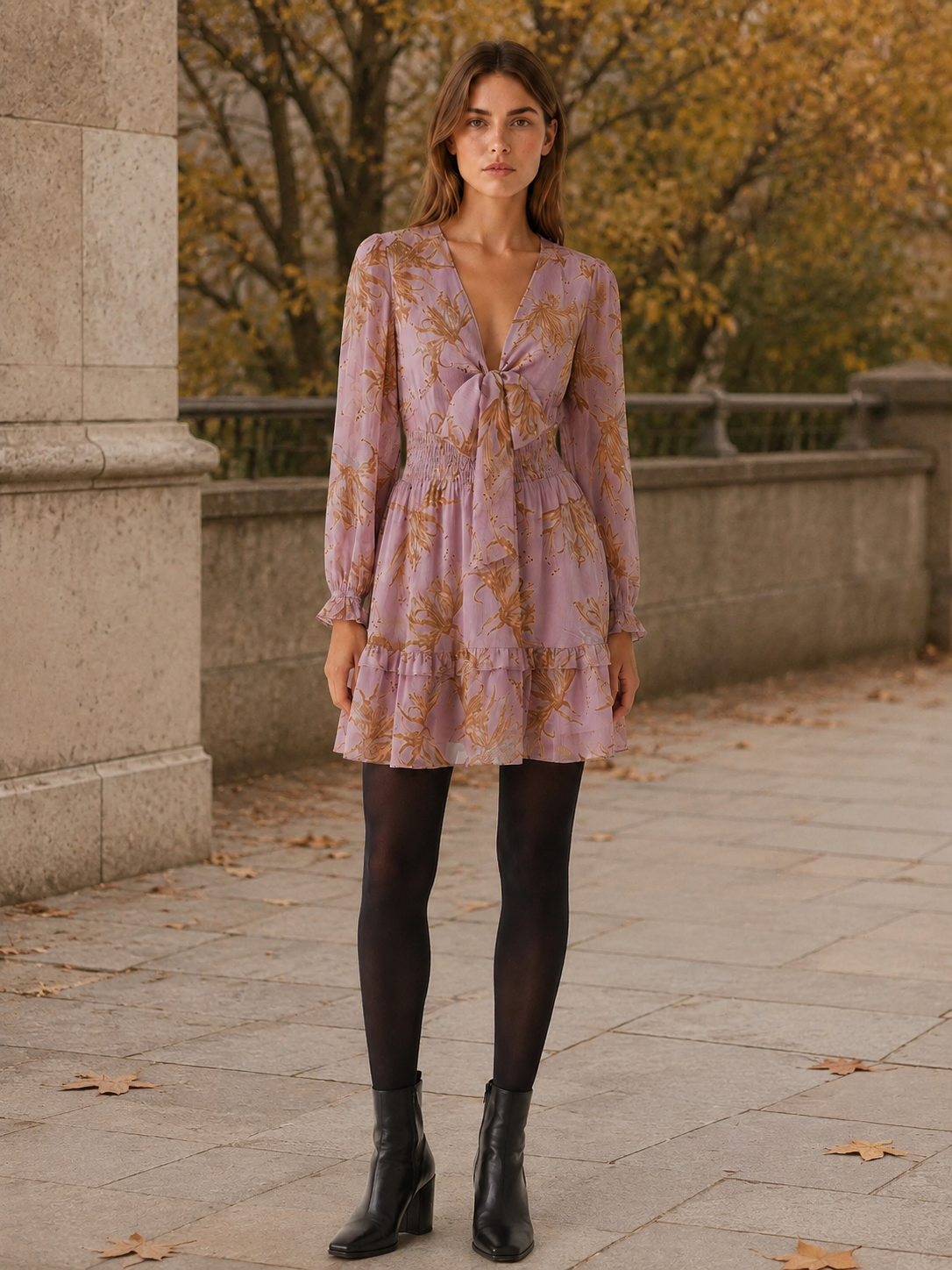 Seraphielle | Women's Floral Mini Dress with Plunge V-Neck and Ruffle Detail