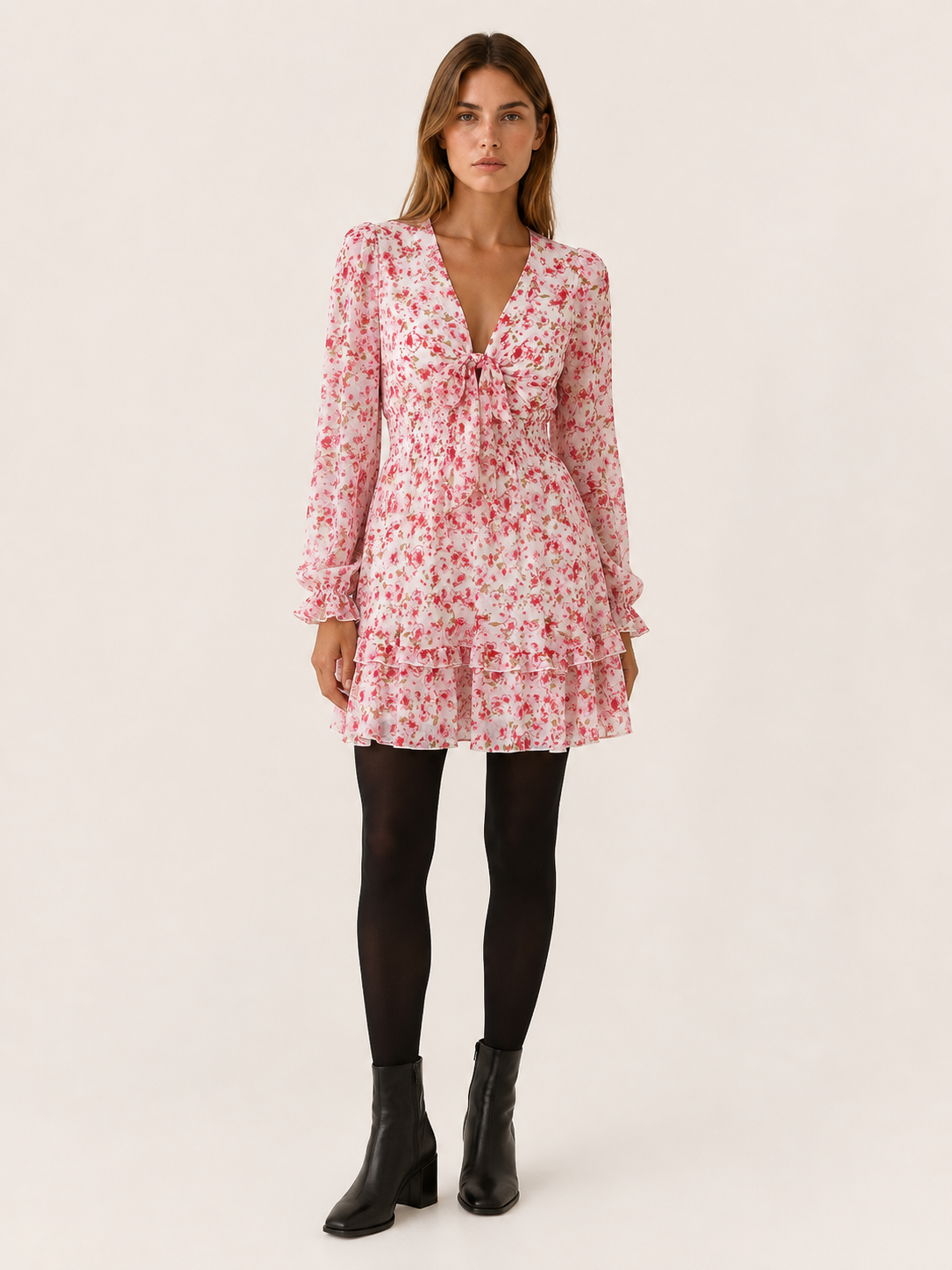Seraphielle | Women's Floral Mini Dress with Plunge V-Neck and Ruffle Detail