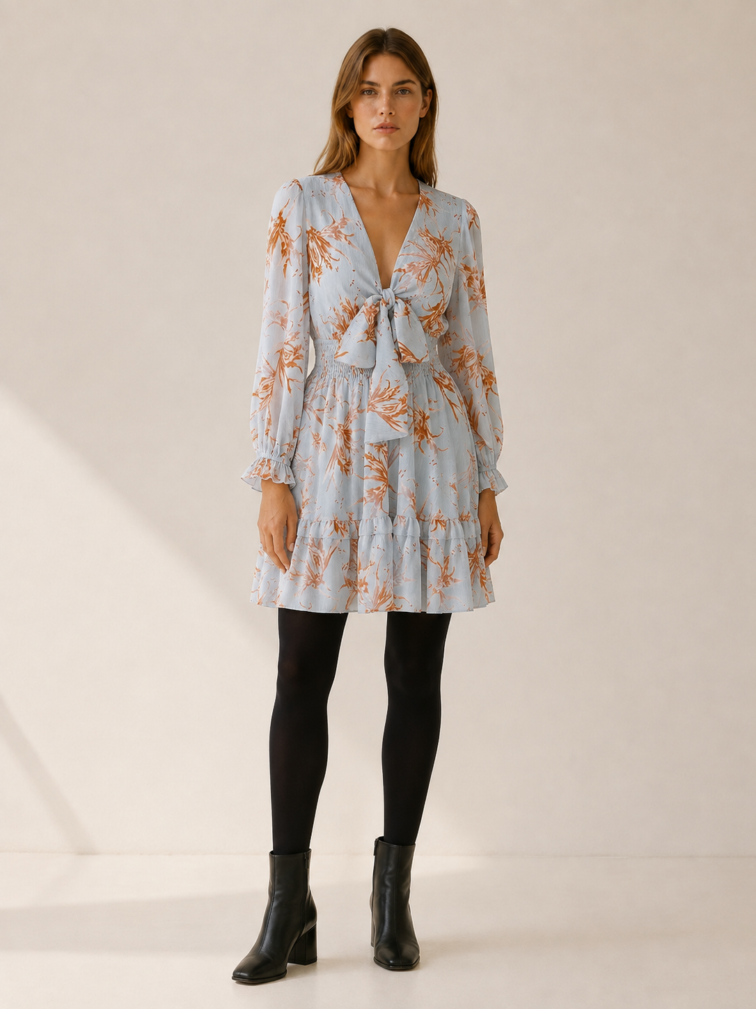 Seraphielle | Women's Floral Mini Dress with Plunge V-Neck and Ruffle Detail