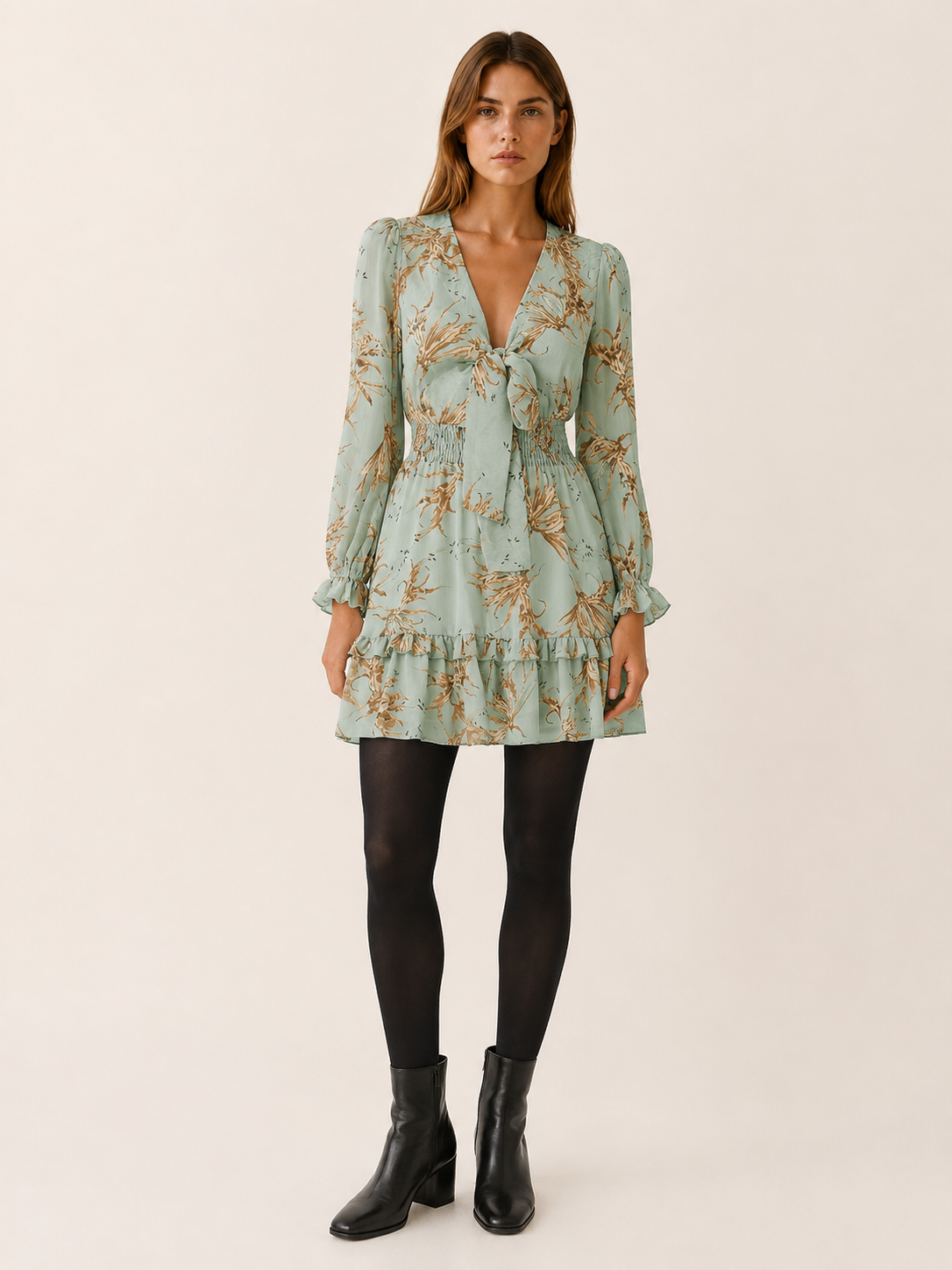 Seraphielle | Women's Floral Mini Dress with Plunge V-Neck and Ruffle Detail