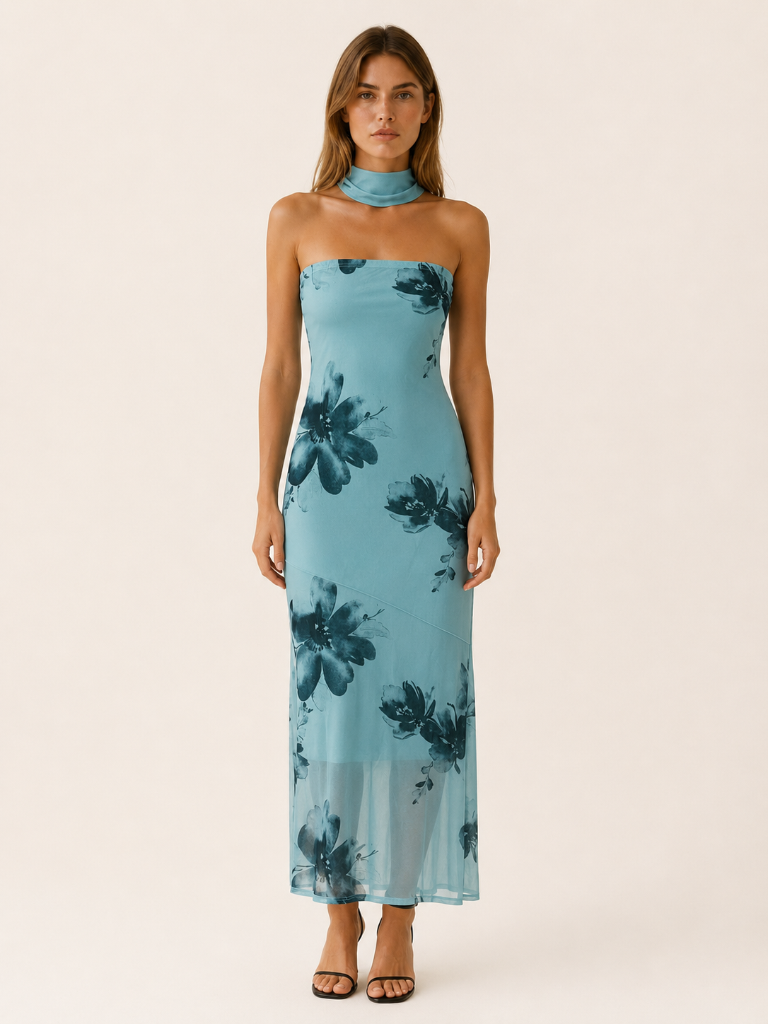 Serilda | Floral Maxi Dress with Halter Scarf Neck