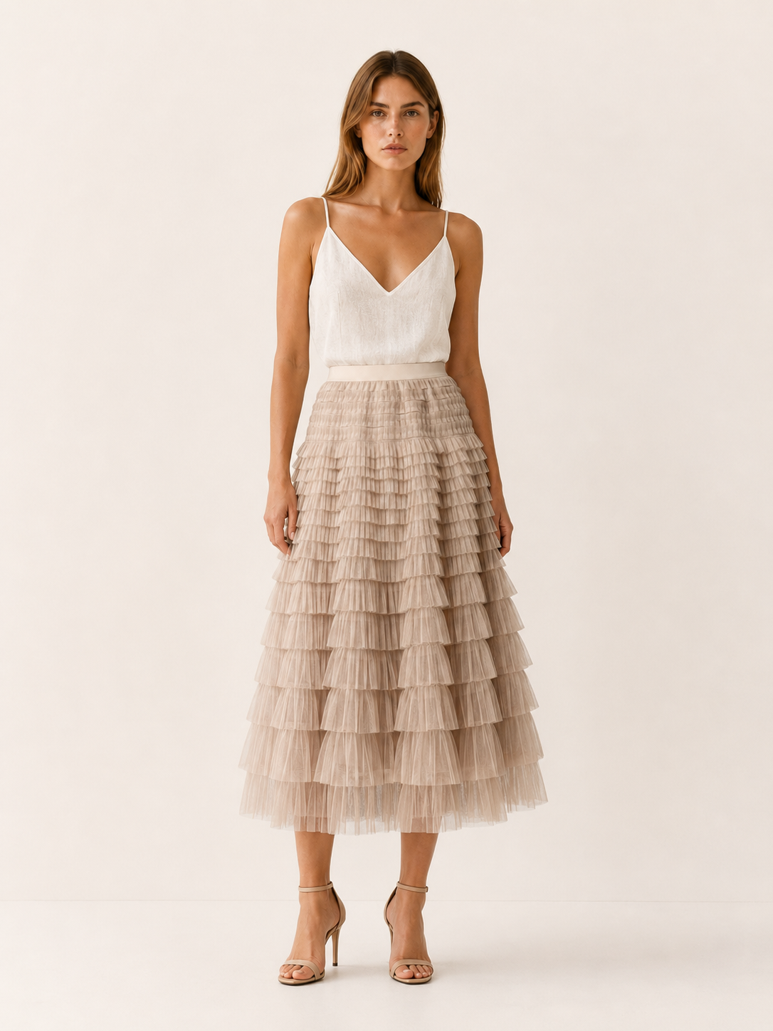 Serilda | Layered Tulle Midi Skirt with Elastic Waist