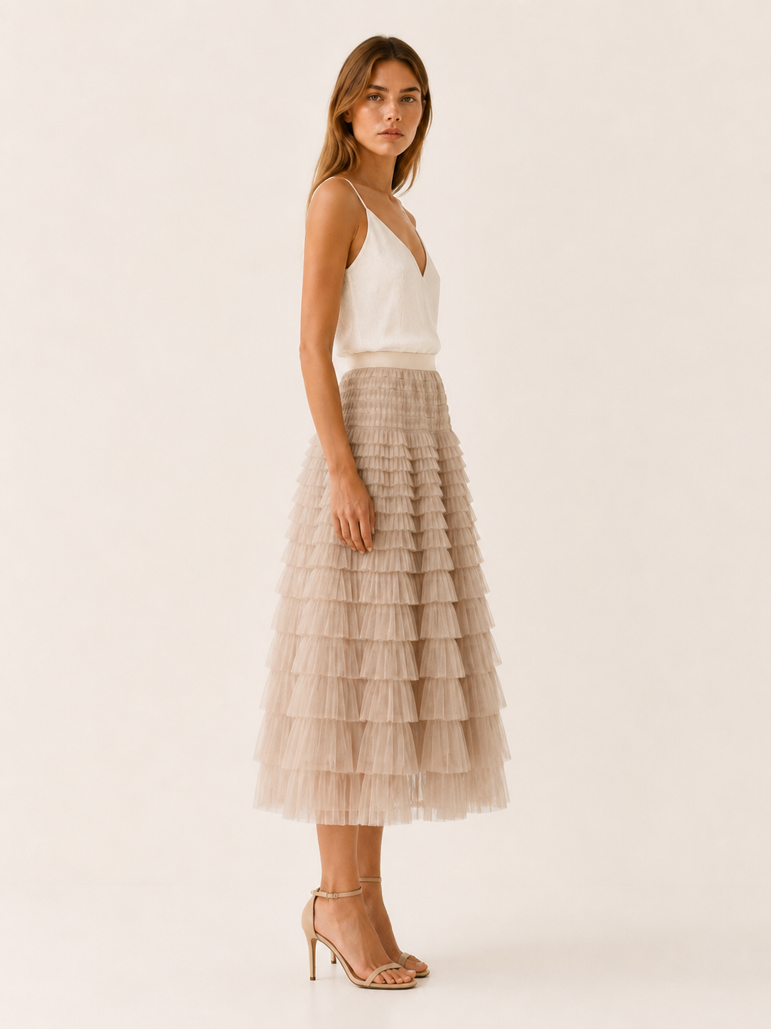 Serilda | Layered Tulle Midi Skirt with Elastic Waist