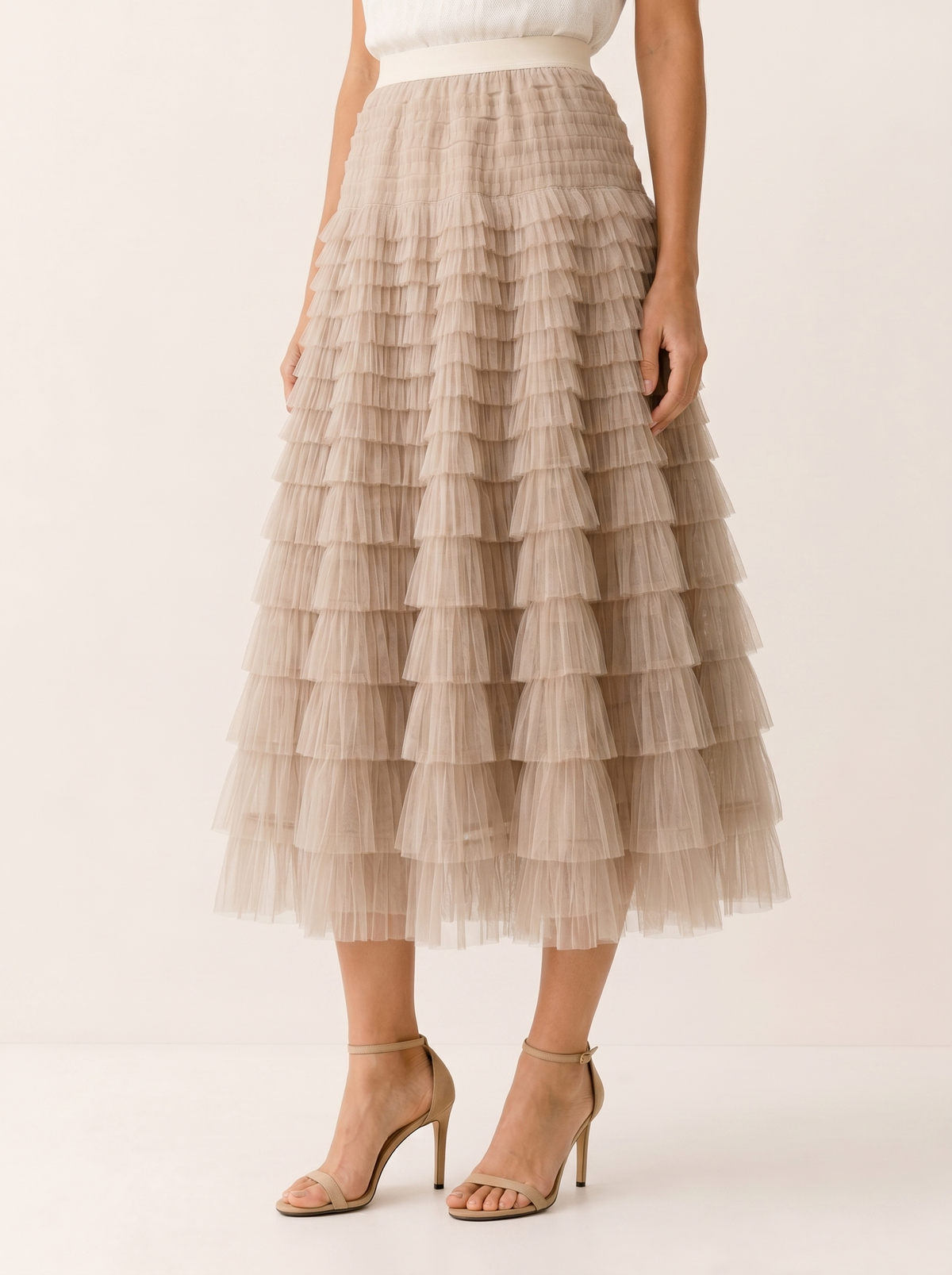 Serilda | Layered Tulle Midi Skirt with Elastic Waist
