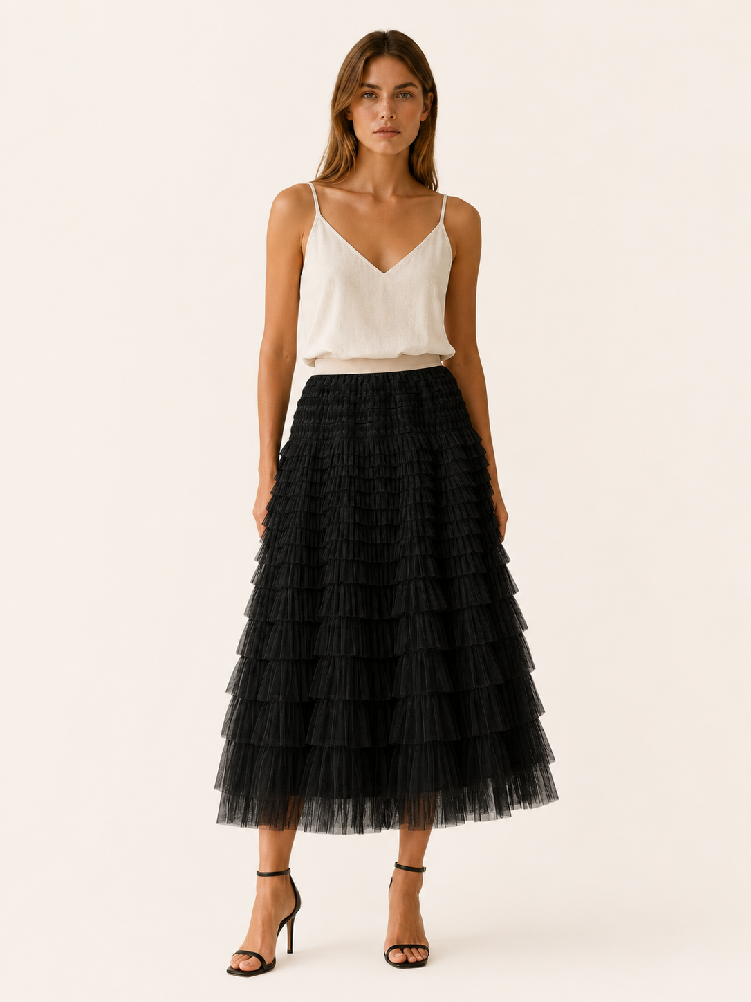 Serilda | Layered Tulle Midi Skirt with Elastic Waist