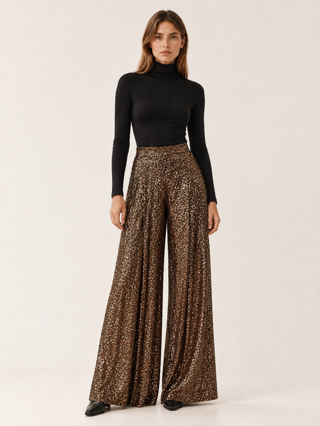 Solana | Women's High Waisted Sequin Wide Leg Pants Fall Holiday Party