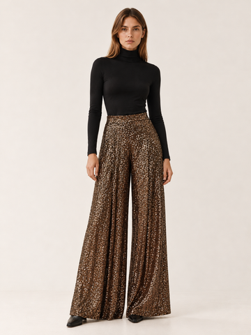 Solana | Women's High Waisted Sequin Wide Leg Pants Fall Holiday Party