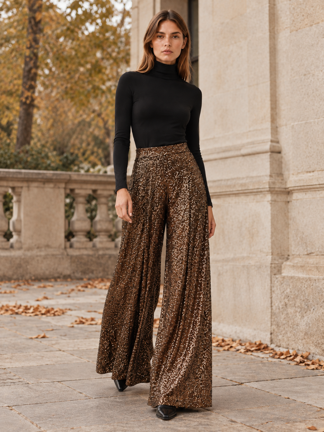 Solana | Women's High Waisted Sequin Wide Leg Pants Fall Holiday Party