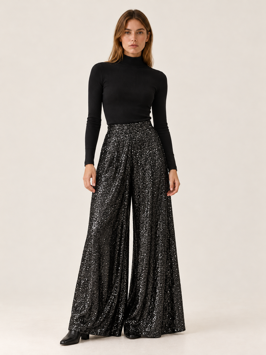 Solana | Women's High Waisted Sequin Wide Leg Pants Fall Holiday Party