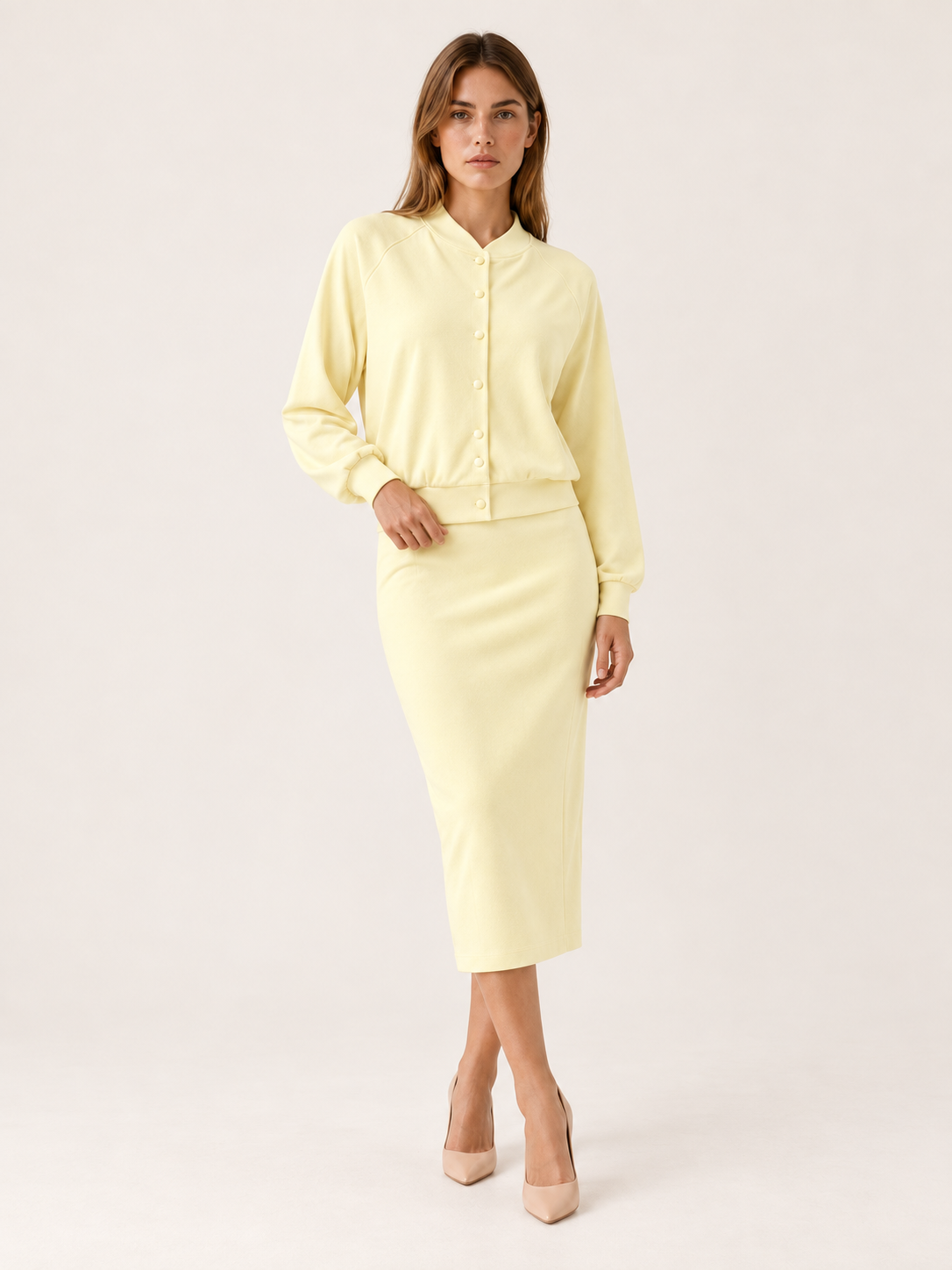 Solvra | Two Piece Midi Dress Set with Button Front Cardigan