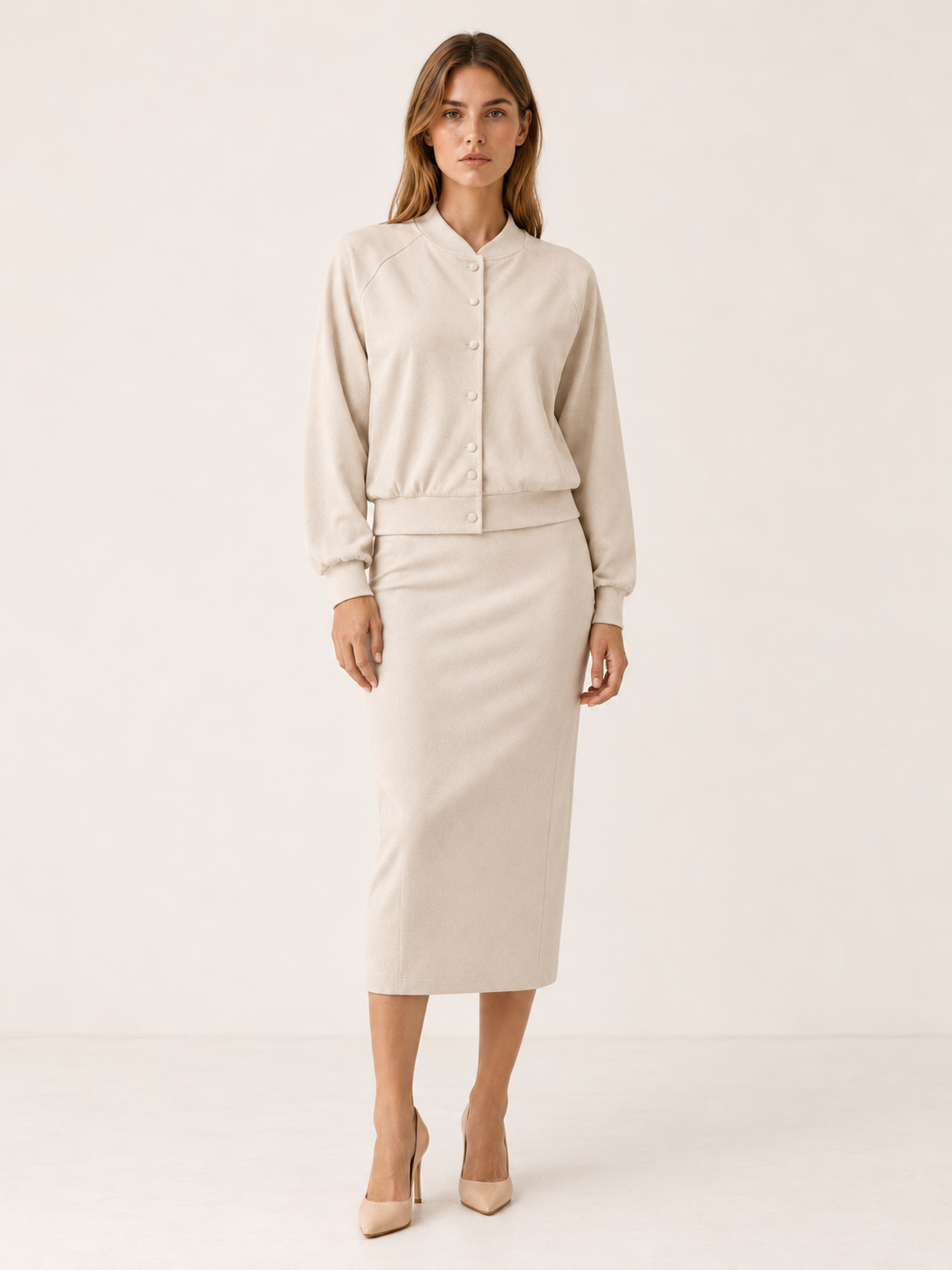 Solvra | Two Piece Midi Dress Set with Button Front Cardigan