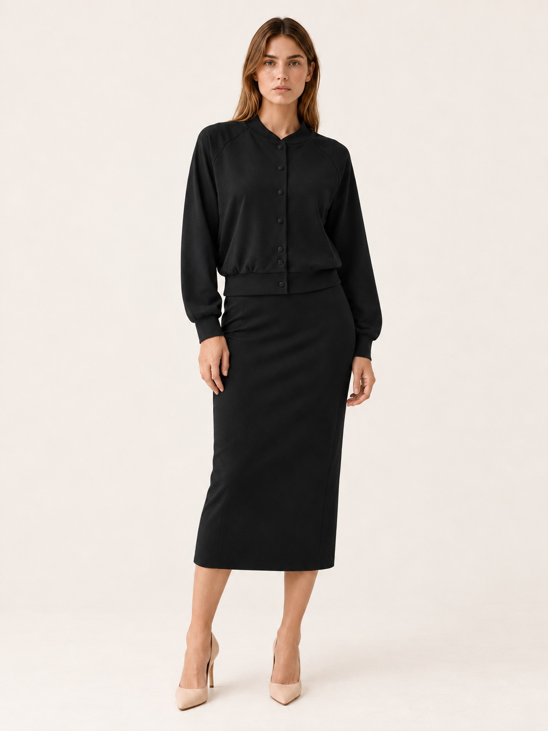 Solvra | Two Piece Midi Dress Set with Button Front Cardigan