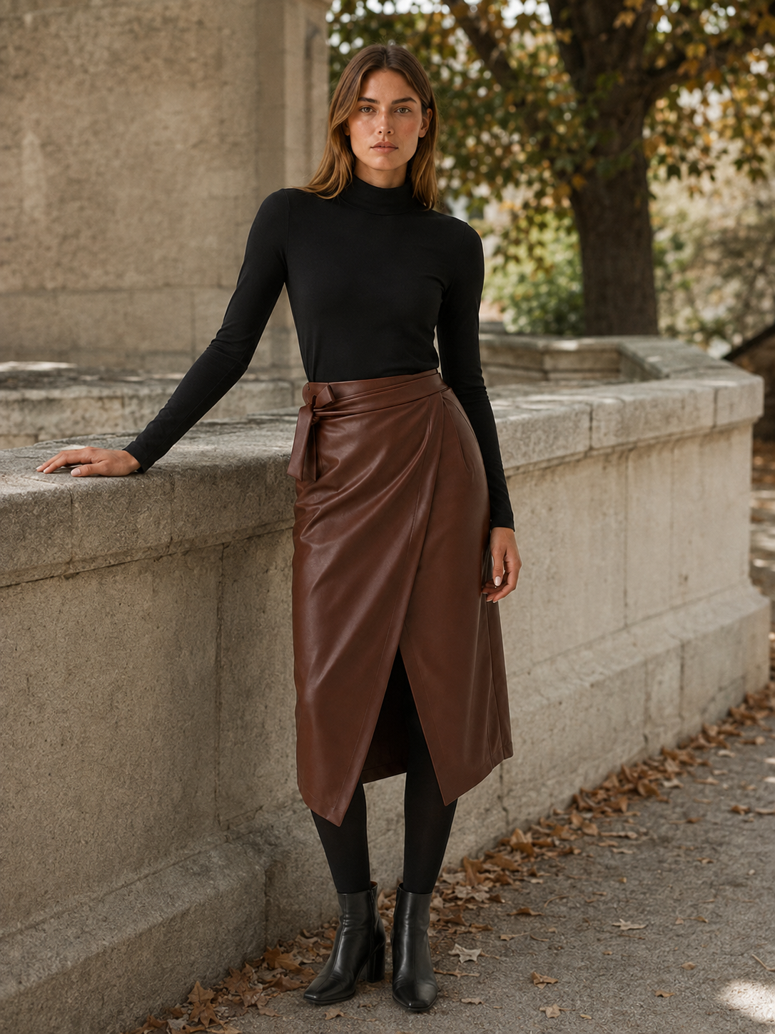 Stella | Women's Leather-Look Slit Midi Skirt
