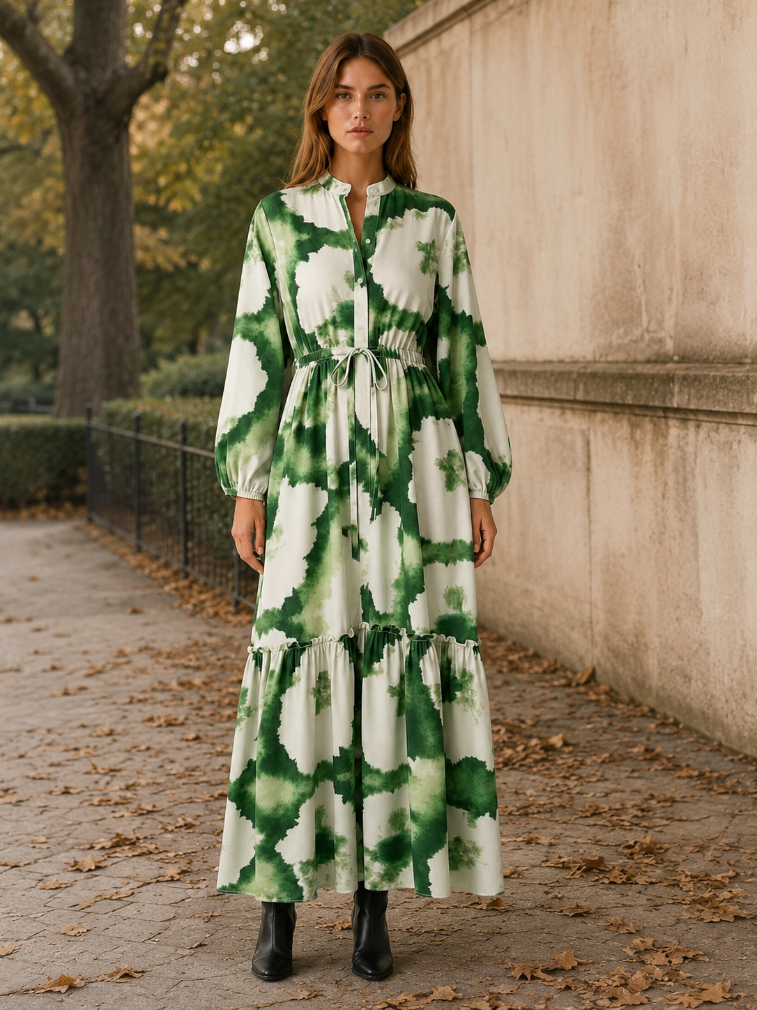 Sylvarenne | Women’s Maxi Dress with Printed Design and Waist Tie