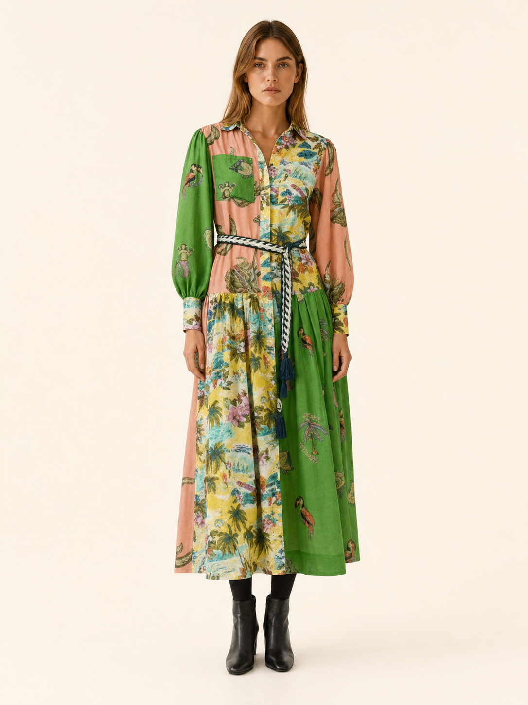 Sylvarenne | Women’s Maxi Dress with Printed Design and Waist Tie