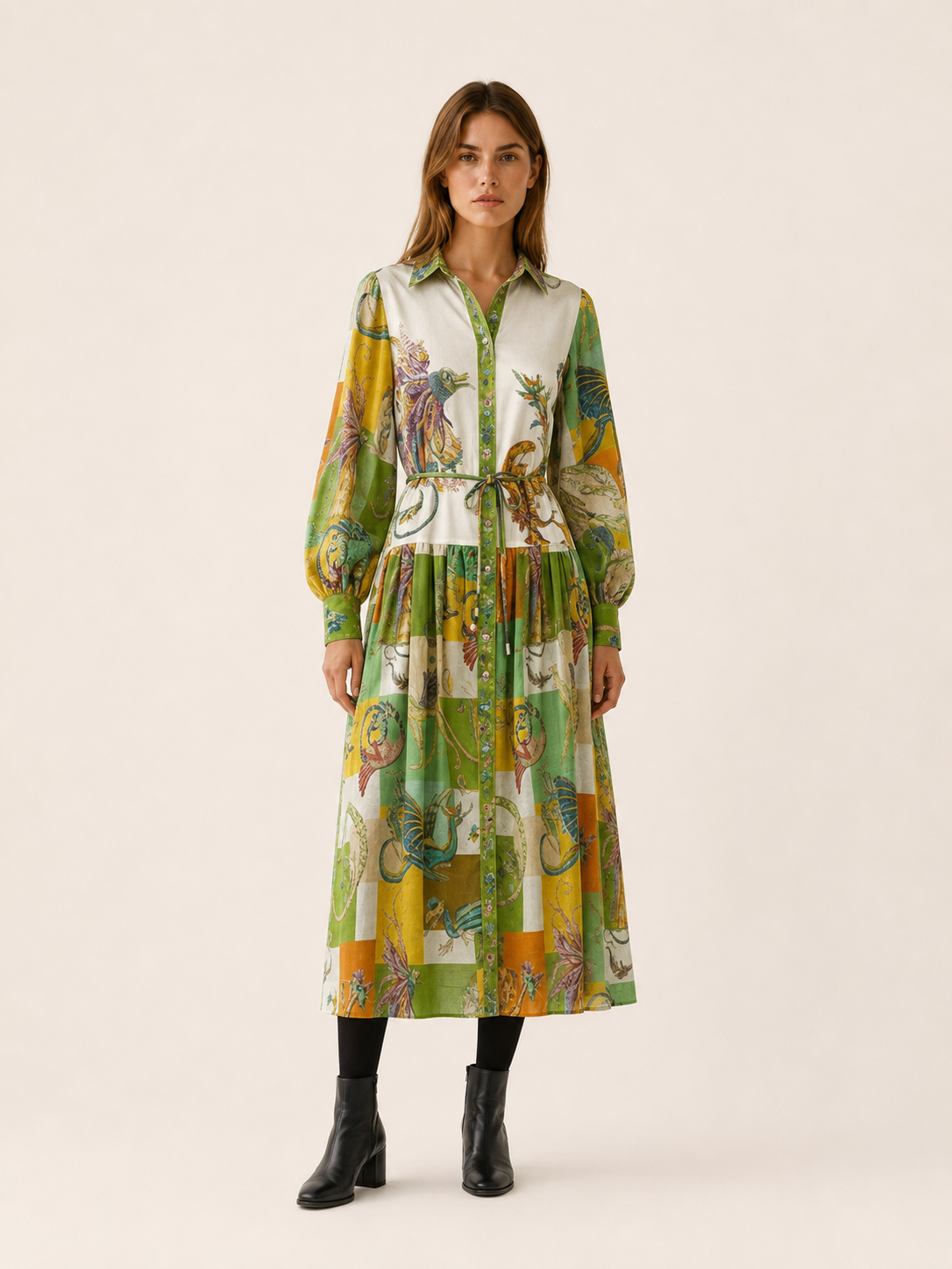 Sylvarenne | Women’s Maxi Dress with Printed Design and Waist Tie