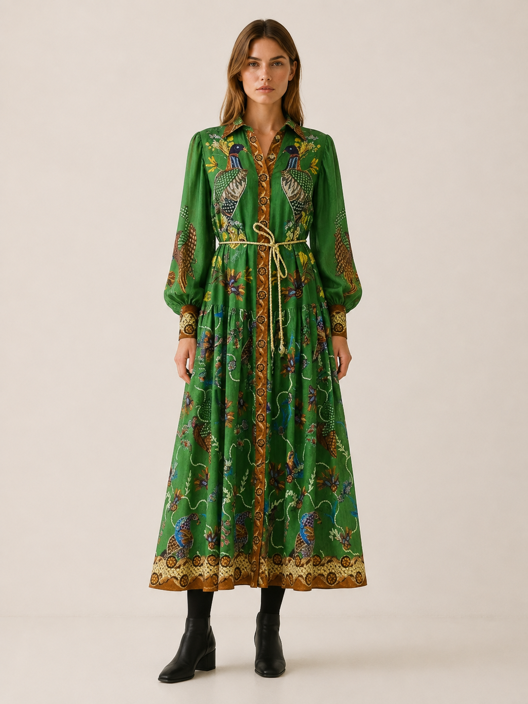 Sylvarenne | Women’s Maxi Dress with Printed Design and Waist Tie
