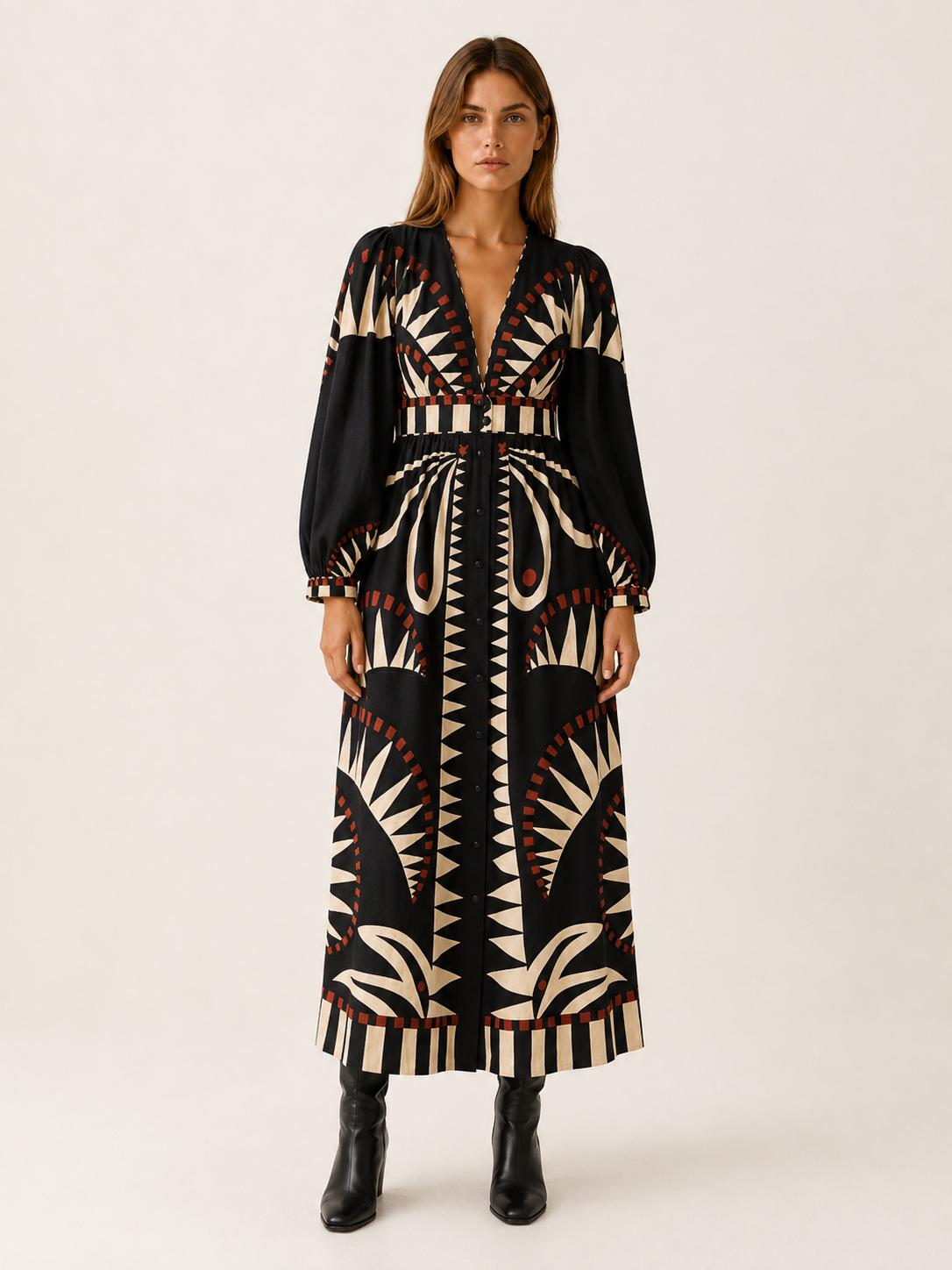 Sylvarenne | Women’s Maxi Dress with Printed Design and Waist Tie