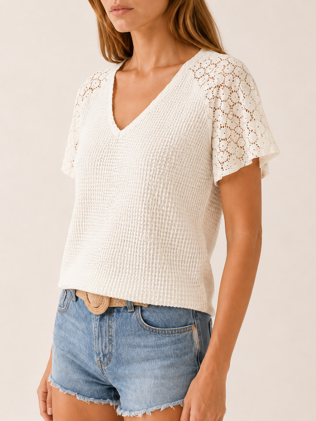 Talise | V Neck Blouse with Openwork Sleeves Lightweight Spring Top