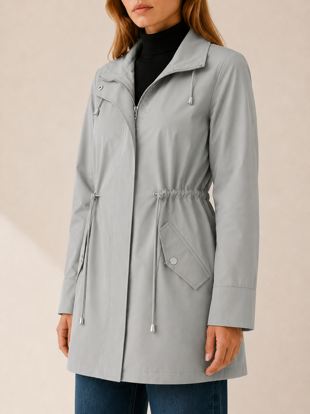 Tamsin | Short Trench Coat with Drawstring Waist and Flap Pockets