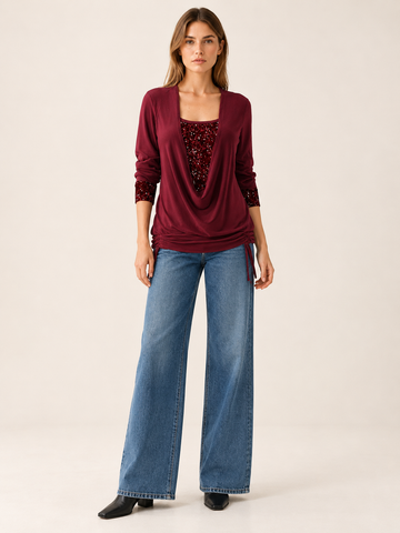 Theodore | Women's Cowl Neck Sequin Trim Top Fall Holiday Party